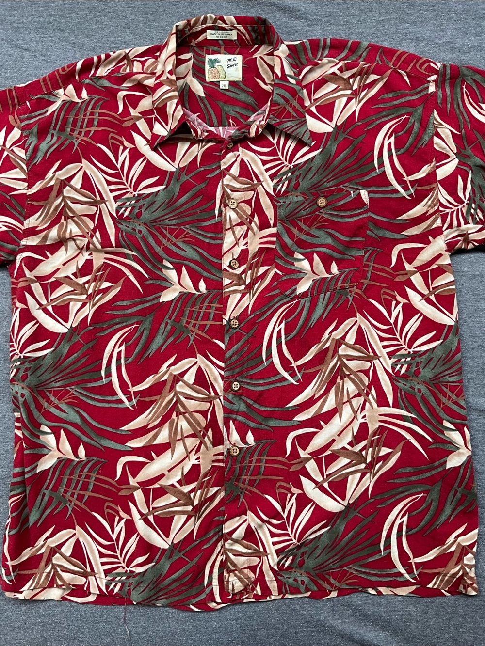 M.E. Sport Men's 2X Tropical Botanical Camp Shirt Red Palm Leaf 100% Rayon